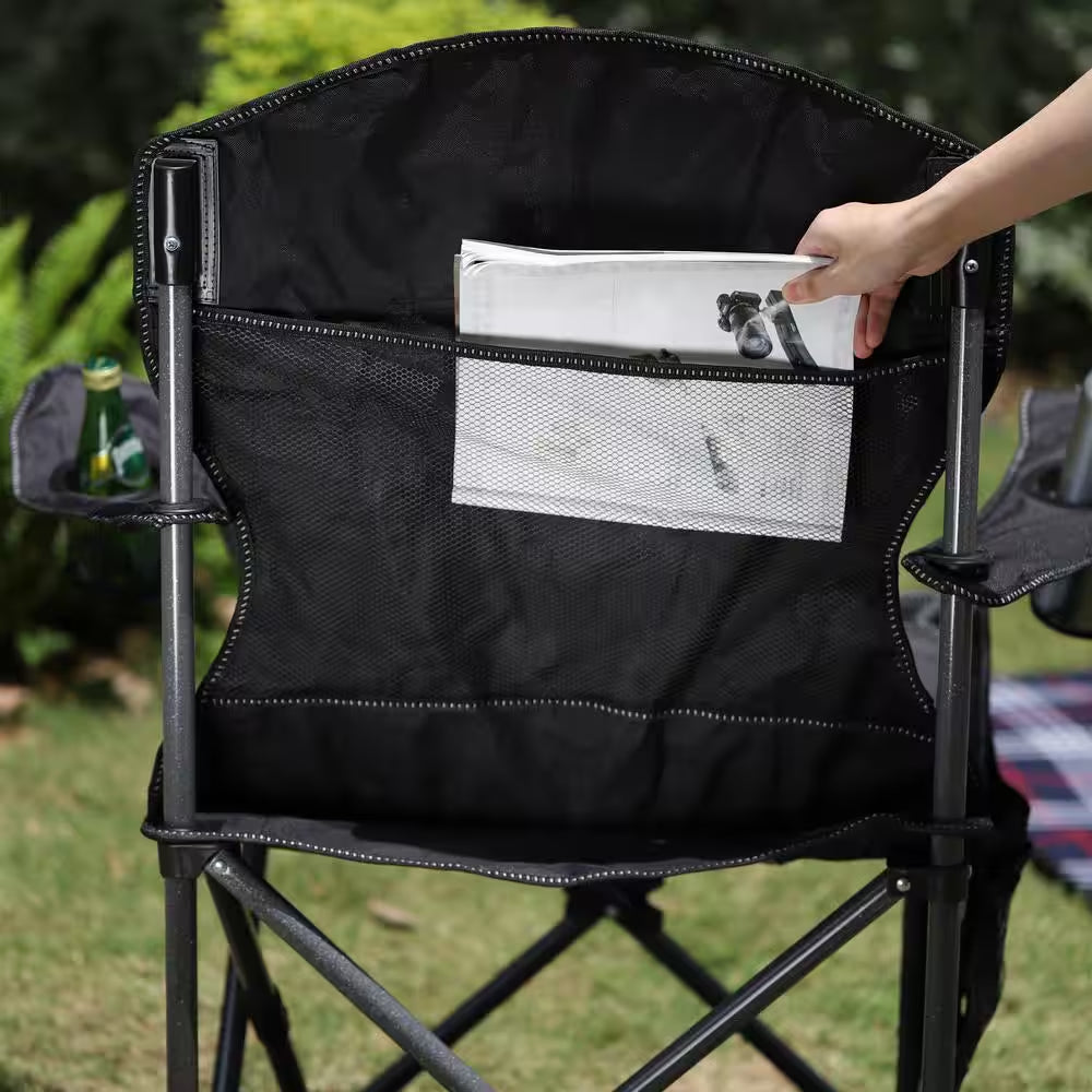 Oversized Foldable Black Camping Chair with Heavy-Duty Steel Frame