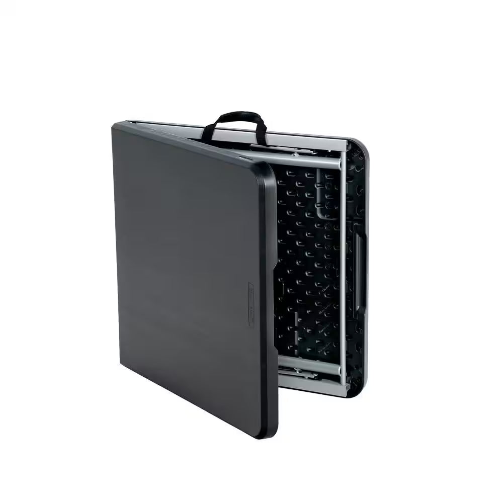 48 In. L Rectangle Black Resin Top Adjustable Fold-In-Half Table with Silver Frame