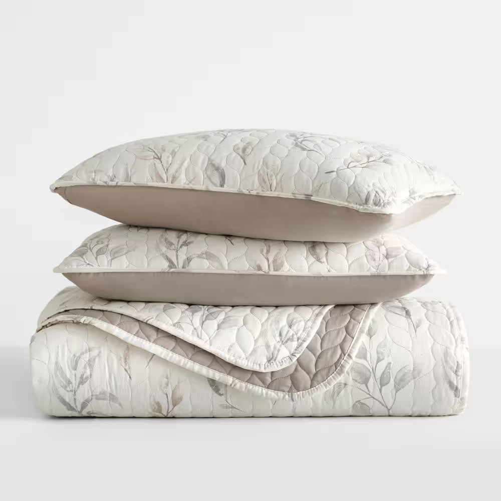 All Season 3-Pcs Latte Watercolor Leaves/Stripe Reversible Microfiber Quilt Set with Shams