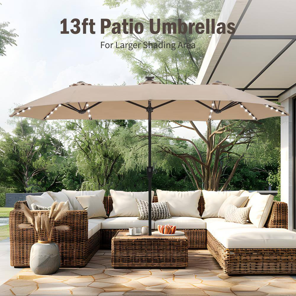 13 Ft. Steel Market 8-Color Solar LED Lights Patio Umbrella in Beige