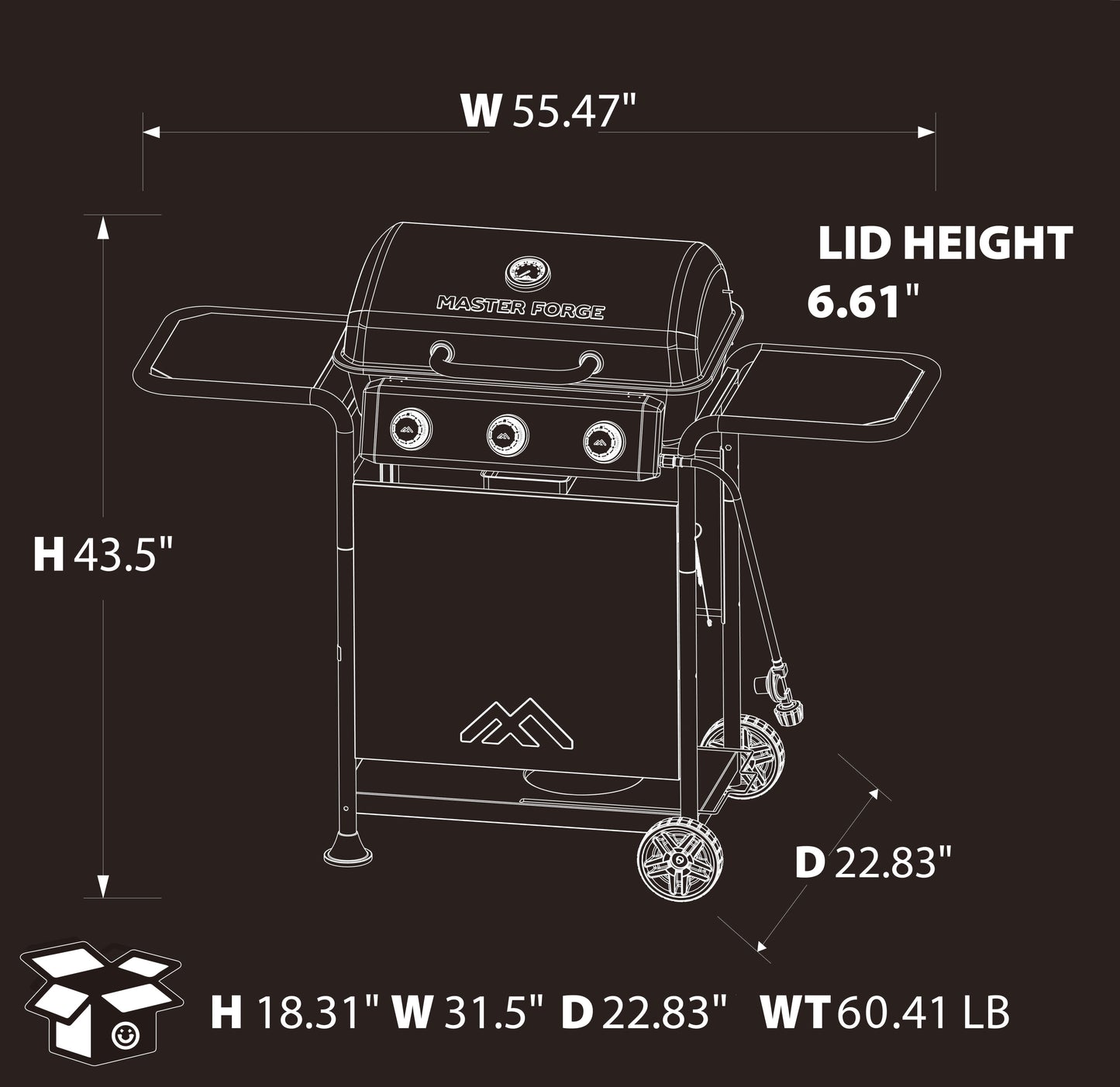 Large 550-Sq.In Black 3 -Burner Liquid Propane Gas Grill
