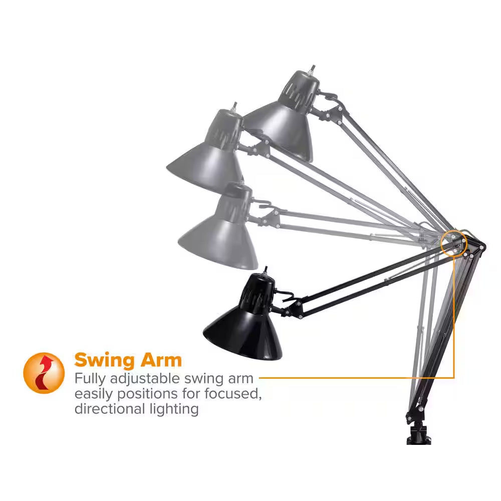 36 In. Black Metal Swing Arm LED Desk Lamp with Clamp