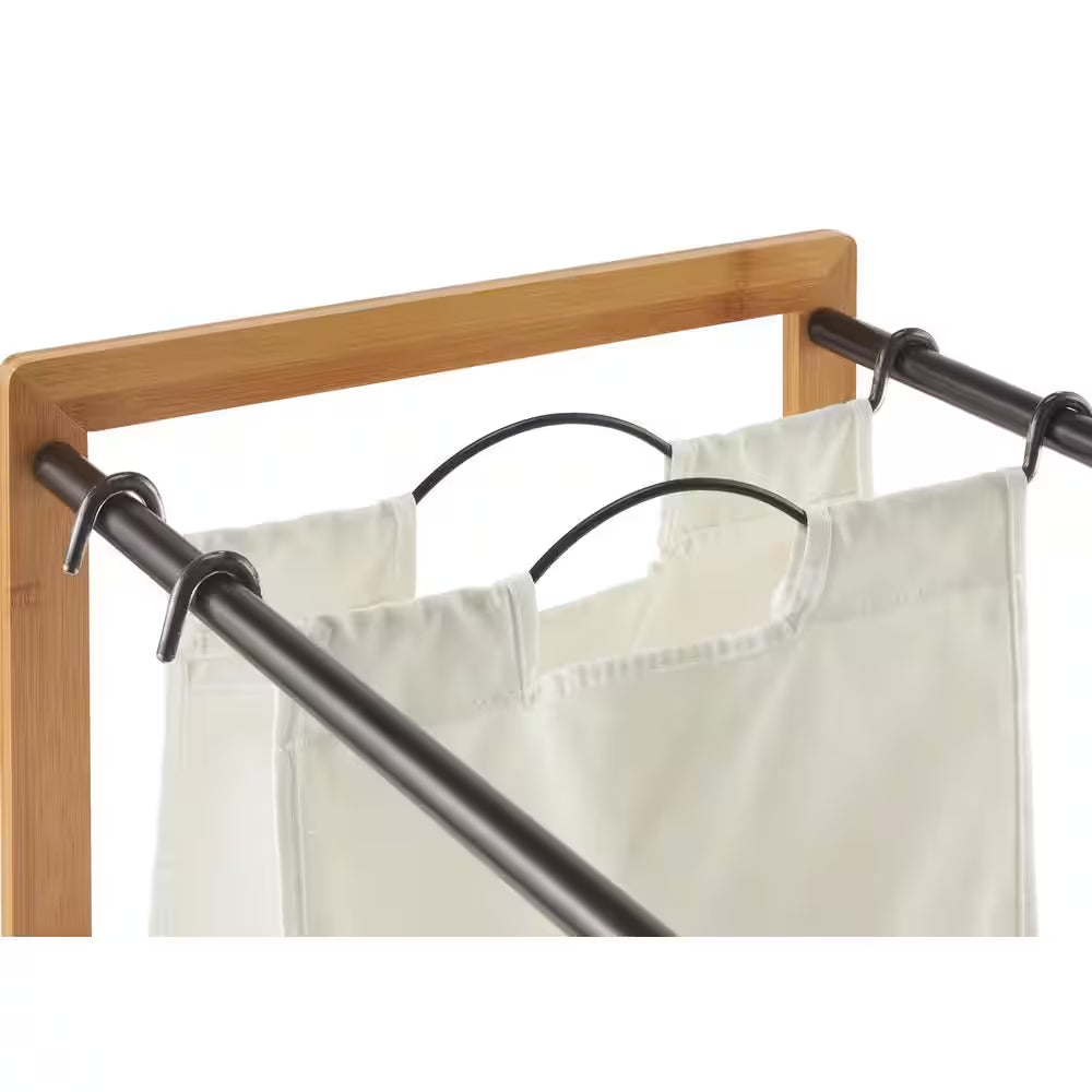 Ecostorage Wheeled 3-Bag Bamboo Laundry Cart with Bronze Poles