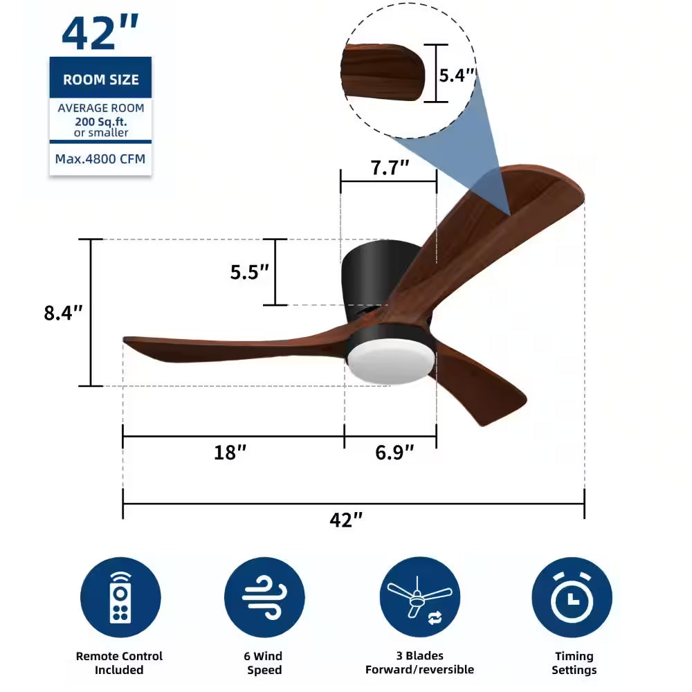 42 In. Smart Indoor Black Ceiling Fan with LED Light and App Remote Control 3 Colors Adjustable and Reversible DC Motor