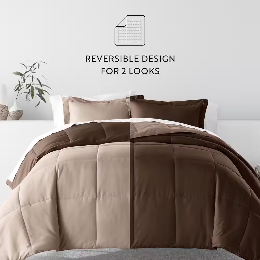 Taupe and Chocolate Microfiber down Alternative Full / Queen Reversible Comforter Set