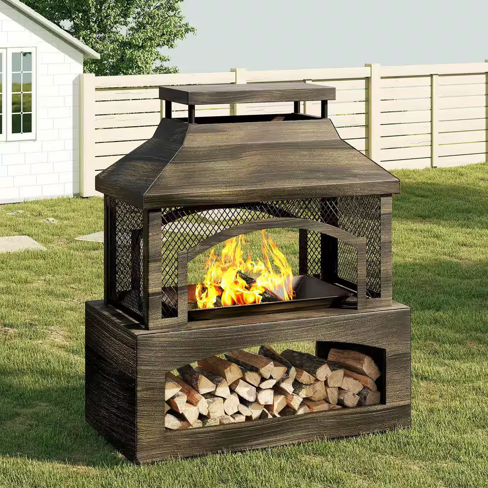 37 In. Steel Outdoor Wood Burning Fireplace with Wood Storage Rectangular Freestanding