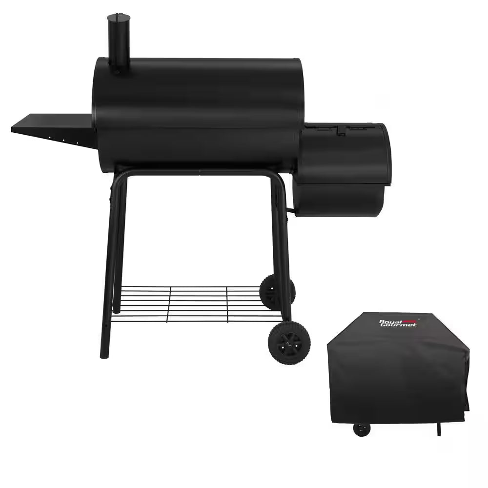 Charcoal Grill with Offset Smoker and Side Table in Black plus a Cover