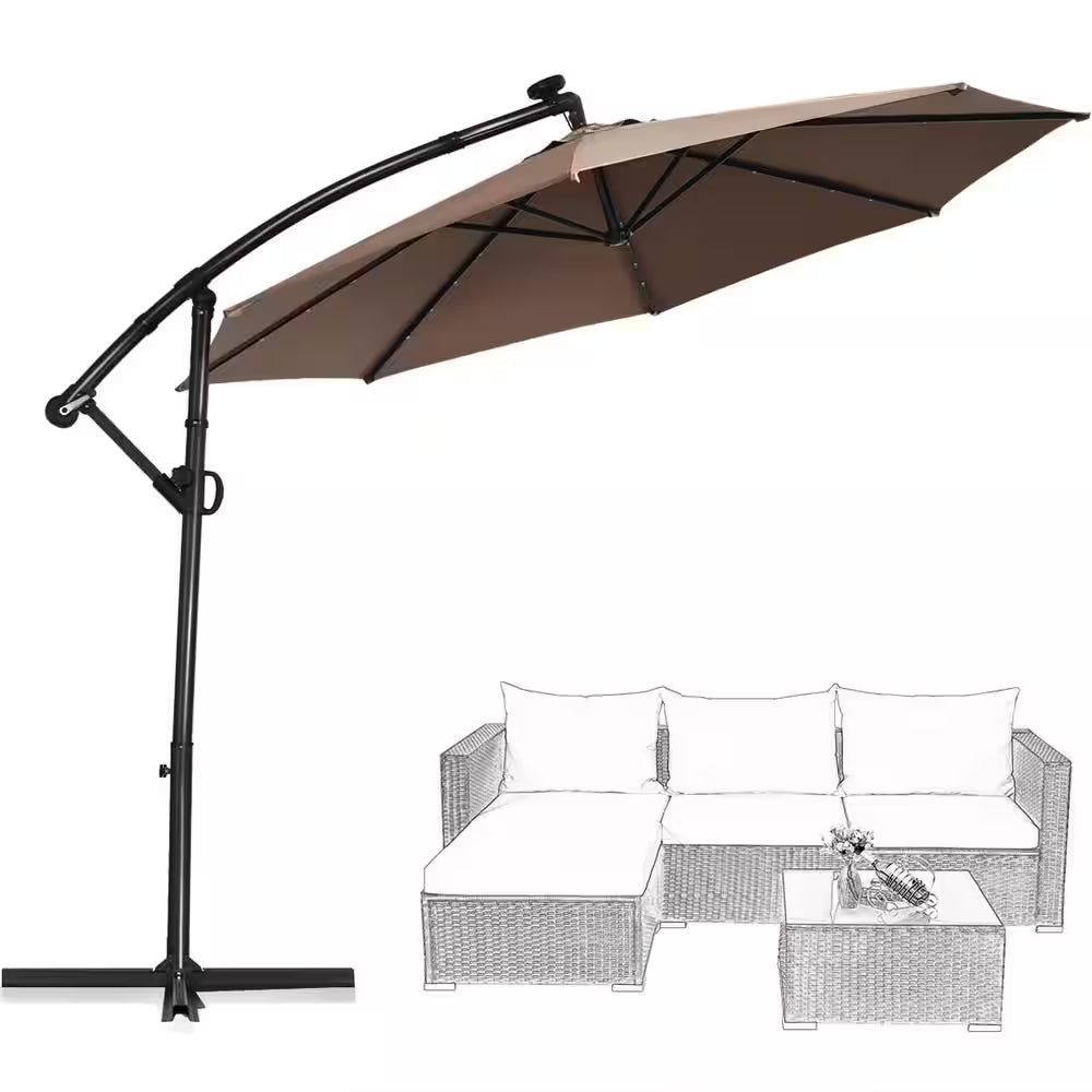 10 Ft. Aluminum Offset Cantilever Solar Tilt Patio Umbrella LED Lights 360-Degrees Rotation Tan