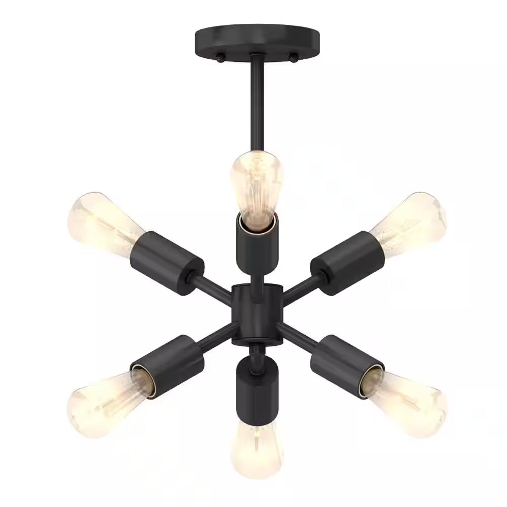 Leonie 16.25 In. 6-Light Matte Black Sputnik Semi-Flush Mount, Industrial Ceiling Light