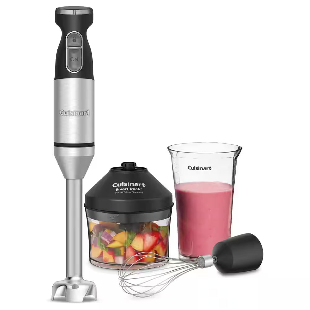 Smart Stick 5-Speed Stainless Steel Immersion Blender with 3-Cup Chopper and Grinder Attachment
