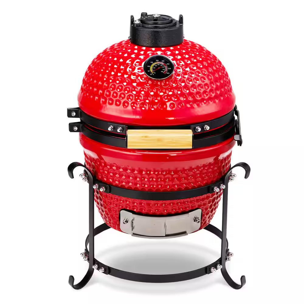 13 In. Kamado Ceramic Charcoal Grill in Red with Grill Stand