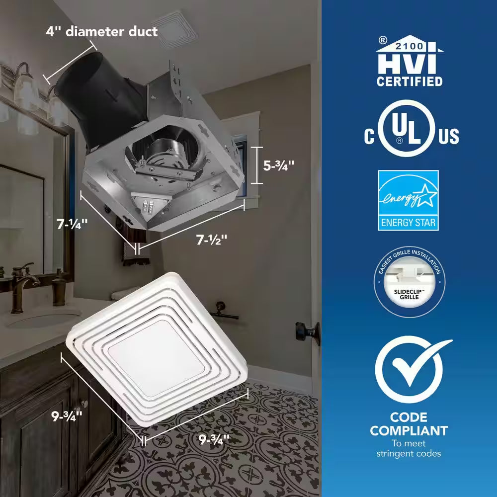 Roomside Series, White, 50 CFM, No Cut- Roomside Installation Bathroom Fan with Light, ENERGY STAR, Bathroom Exhaust Fan