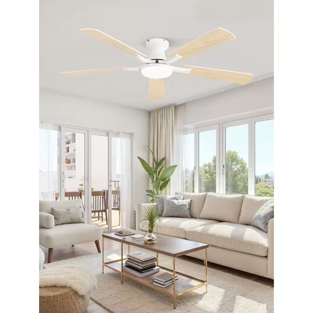 52 In. White Indoor Dimmable LED 6-Speed Low Profile Ceiling Fan with Lights and Remote Control Dual-Finish Blades