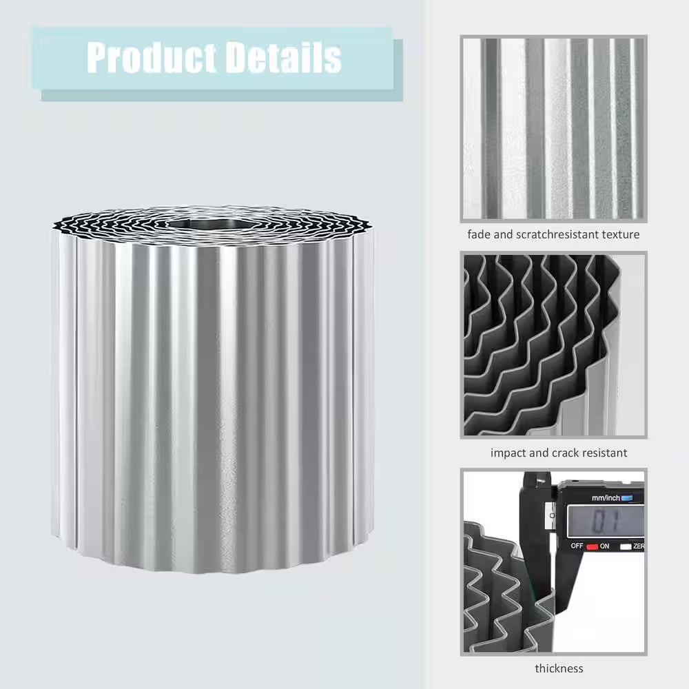 120 In. X 8 In. Silver Metal Corrugated Garden Edging, Strong Galvanized Iron Edging Strips with Rolled Edge Design