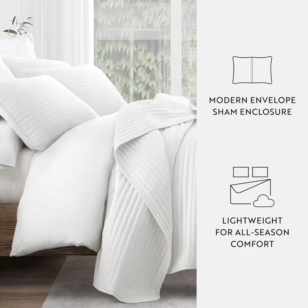 All Season 3-Pcs White Microfiber Twin/Twin XL Stripe Stitch Quilt Set with Shams