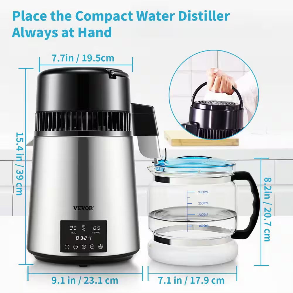 1.1Gal. Water Distiller 750W Distilled Water Maker Machine Timing Dual Temp Display Stainless Steel Countertop Distiller