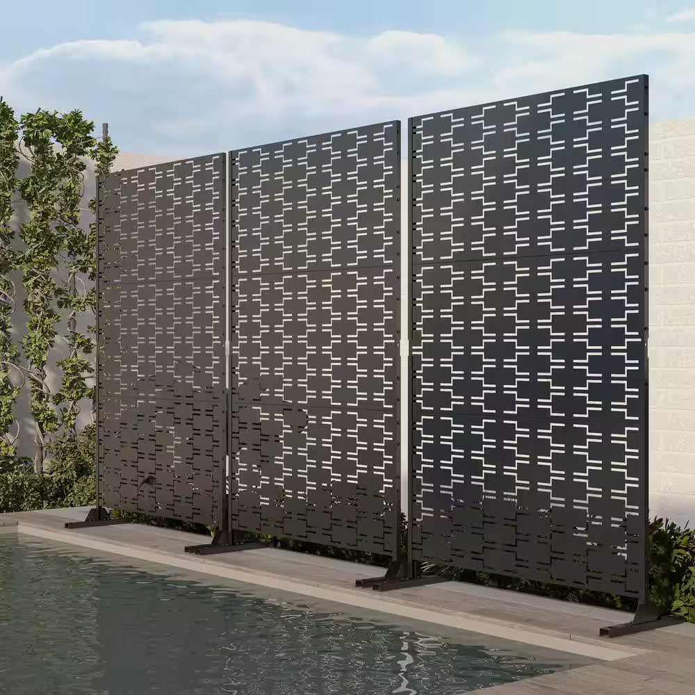 76 In. Galvanized Steel Garden Fence Outdoor Privacy Screen Garden Screen Panels in Black