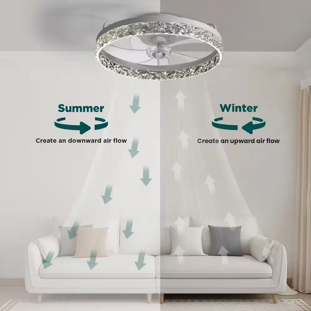 Lidia 19.68 in Indoor Modern White Crystal Flush Mount Ceiling Fan with Light, White LED Ceiling Fan for Bedroom