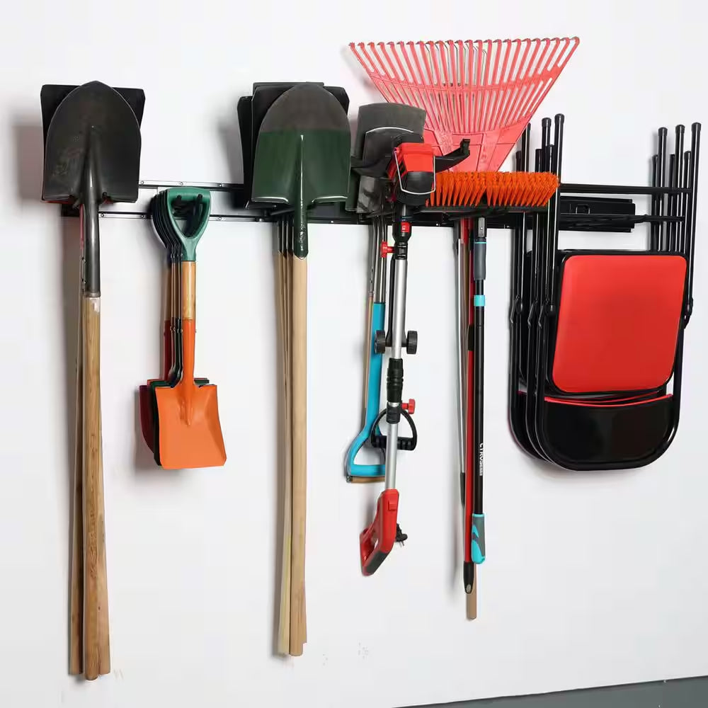 48 In. W X 4 In. H Wall-Mounted Heavy Duty Black Tool Rack Organizer with 6 Adjustable Hooks for Garage, Barn and Shed