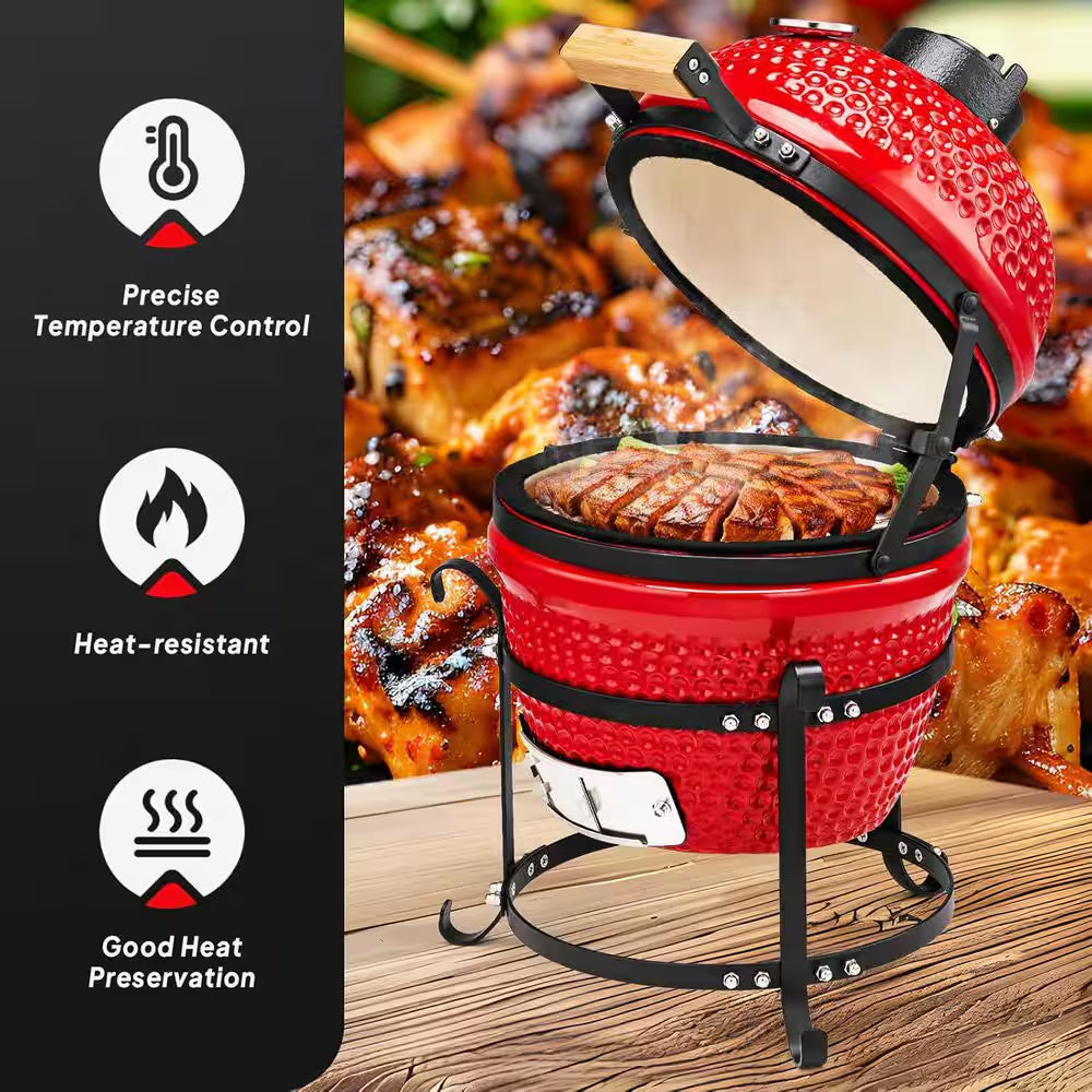 13 In. Kamado Ceramic Charcoal Grill in Red with Grill Stand