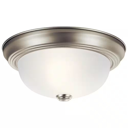 Independence 11.25 In. 2-Light Brushed Nickel Traditional Hallway Flush Mount Ceiling Light with Etched Seedy Glass