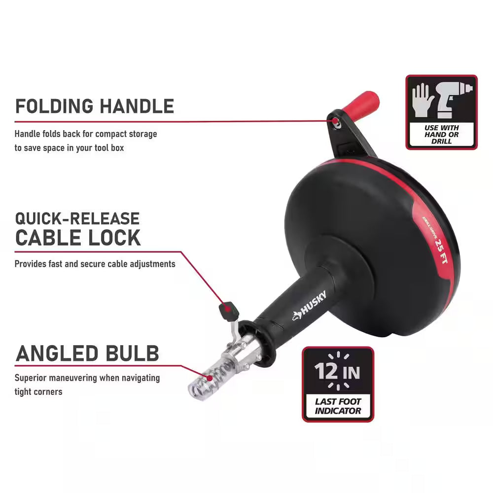 25 Ft. Power Drum Drain Snake Drill-Operated Auger for Sink, Tub and Shower Clogs