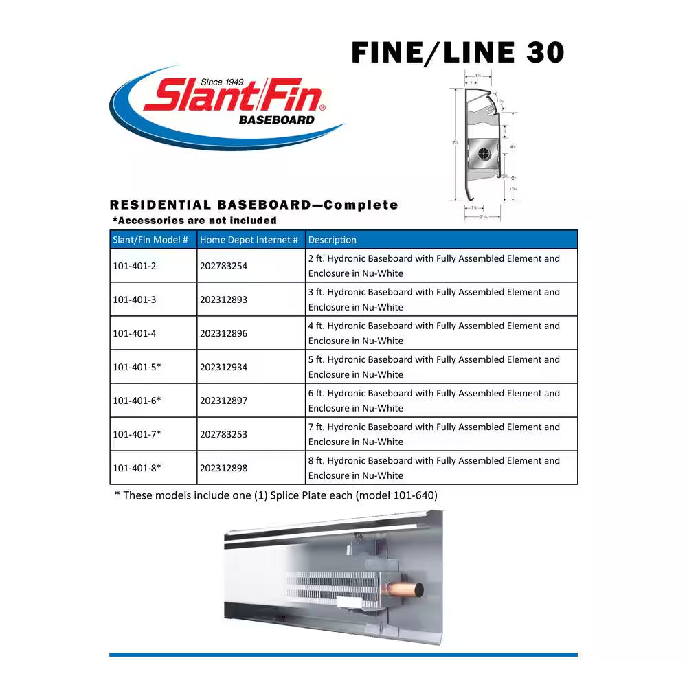 Fine/Line 30 Series 4 Ft. Hot Water Baseboard Heater with Fully Assembled Element and Enclosure in Nu White