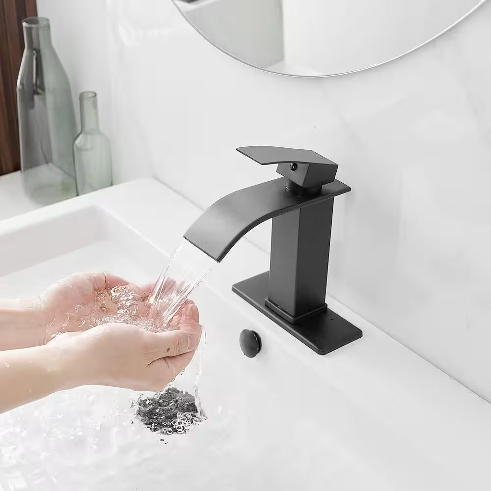 Waterfall Single Handle Single Hole Low-Arc Bathroom Faucet Bathroom Drip-Free Vanity Sink Faucet in Matte Black