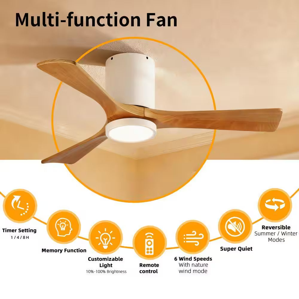 42 In. Smart White 6-Speed Solid Wood Brown Blade Flush Mount Ceiling Fan with 3-Color LED Light and APP, Remote Control