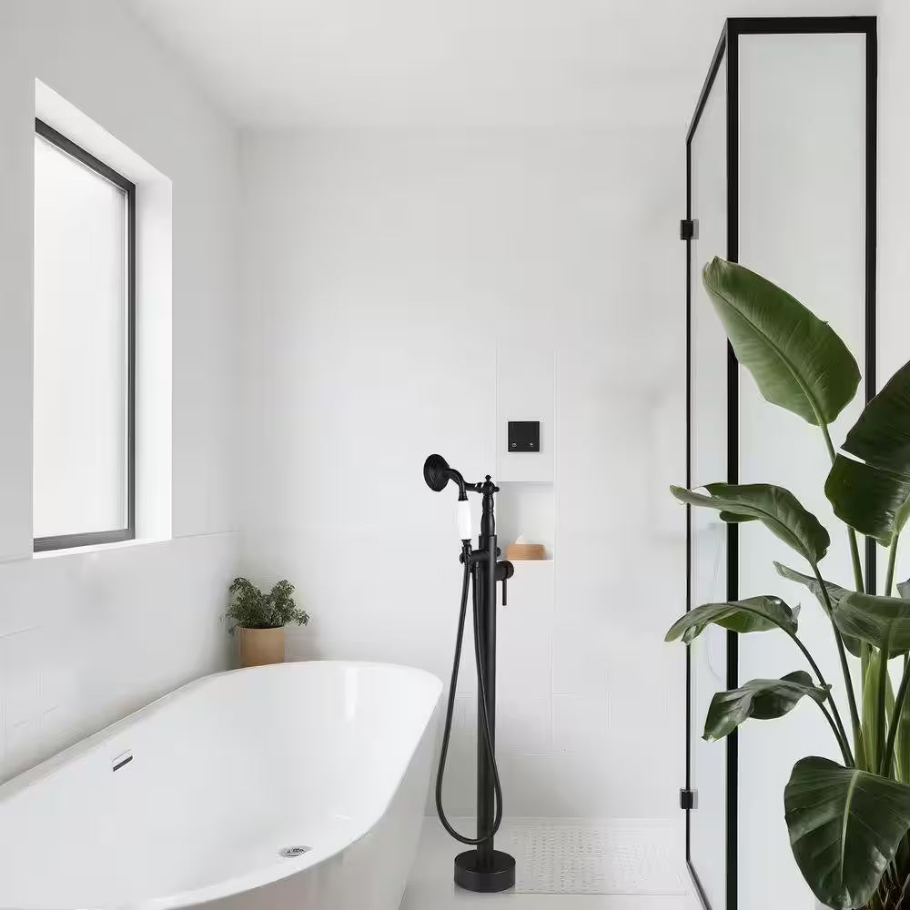 Single-Handle Floor-Mount Roman Tub Faucet with Hand Shower in Matte Black