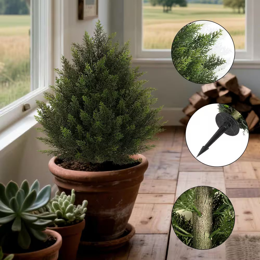 2-Sets 2 Ft. Artificial Cedar Bush Shrubs with Ground Stake Indoor Outdoor UV Resistant Fake Plant Garden Entryway Decor