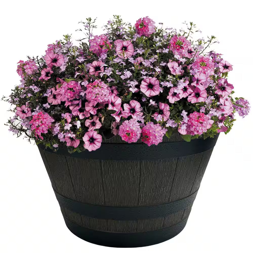 Cameron Whiskey Barrel Large Brown Resin round Planter (22 In. L X 22 In. W X 13.5 In. H)