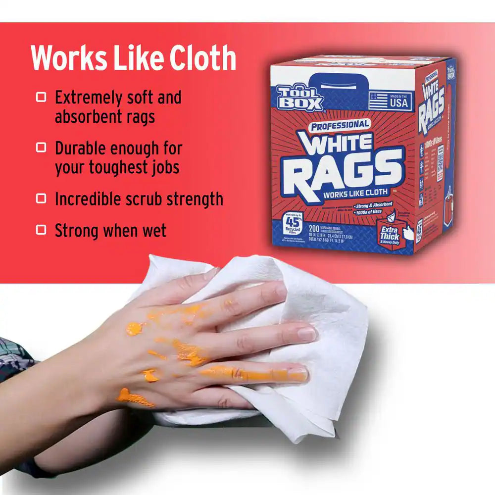 Professional White Rags (200 Sheets; 10 In. W X 11 In. L Sheet Size; Disposable Painter'S Rags - Natural Fibers)