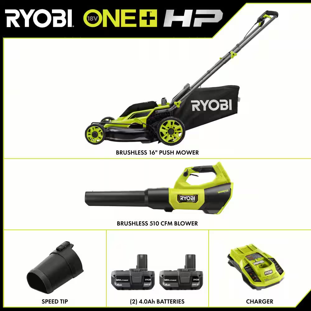 ONE+ HP 18V Brushless 16 In. Cordless Battery Walk behind Push Lawn Mower & Blower W/ (2) 4.0 Ah Batteries & (1) Charger