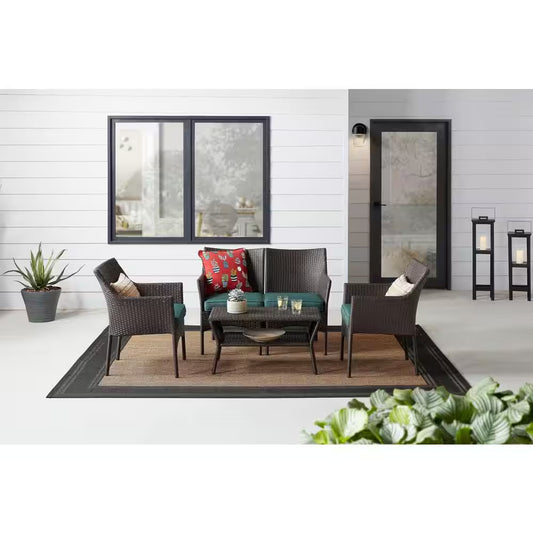 Terrace View 4-Piece Wicker Patio Conversation Set with Green Cushions