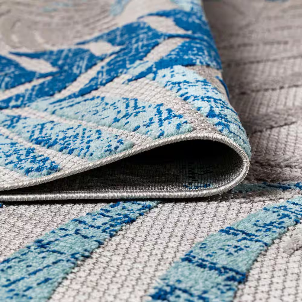 Tropics Palm Leaves Gray/Blue Indoor/Outdoor 8 Ft. X 10 Ft. Area Rug