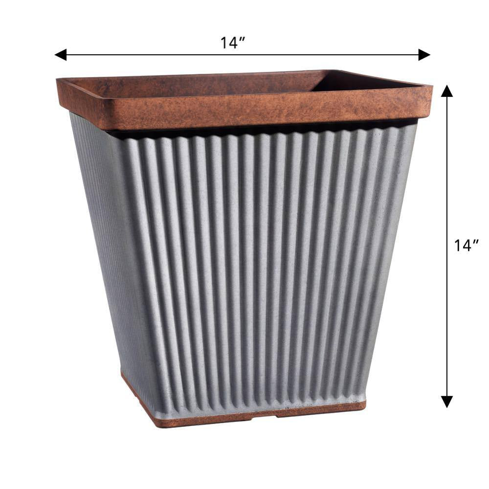 Spokane Medium Galvanized Resin Square Planter with Copper Rim (14 In. L X 14 In. W X 14 In. H)