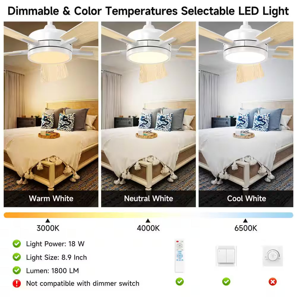 T5 Series 46 In. Indoor White Ceiling Fan with Dimmable 3-CCT Light and Bedroom Mood Light, Reversible Quiet DC Motor