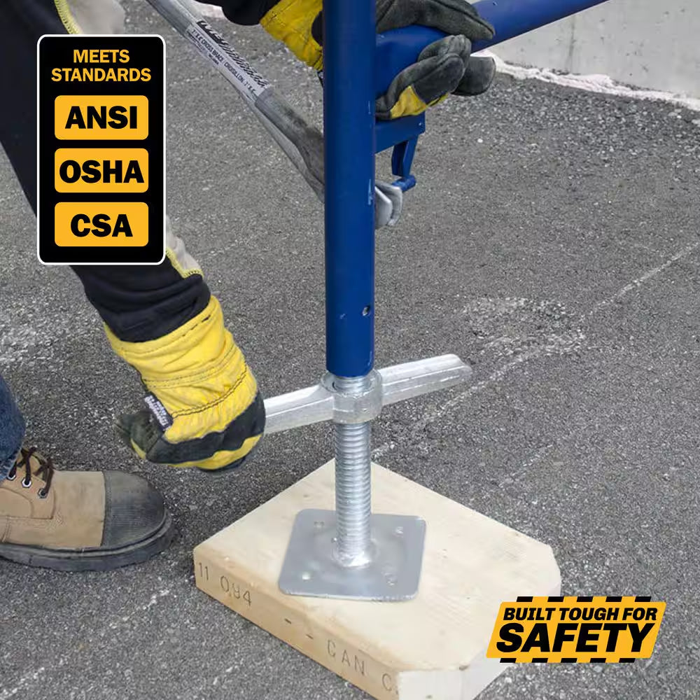 24-Inch Galvanized Steel Adjustable Leveling Jacks with Heavy-Duty Base Plate and Wing Nut Screw for Scaffolding Frames