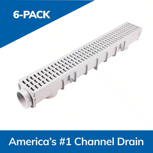 5 In. Pro Series Channel Drain Kit 5-1/2 In. X 39-3/8 In. Deep Channel, Gray Grates, End Caps/Outlet (6-Pack=19.7 Ft.)