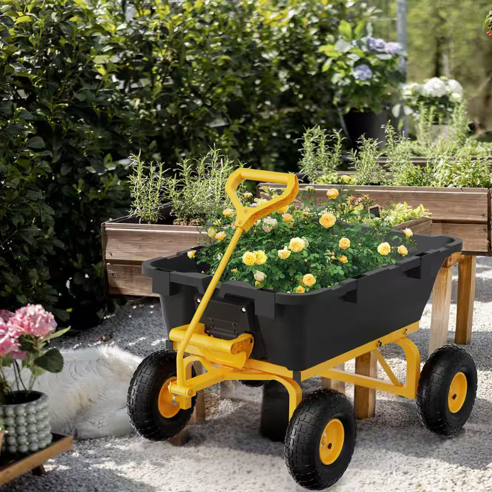 3.7 Cu. Ft. Iron Plastic Garden Cart Cart Utility Wheelbarrow 770 Lbs. Capacity in Yellow and Black