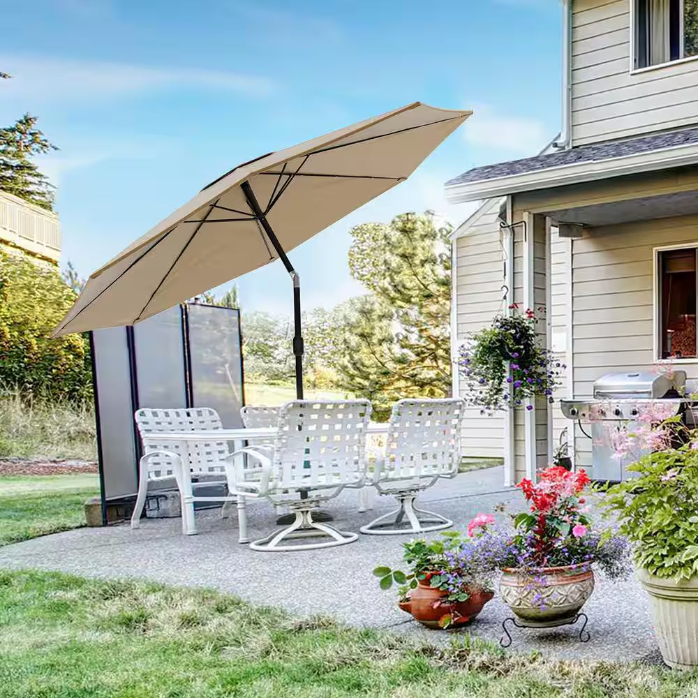 10 Ft. Aluminum Solar LED Lighted Patio Market Umbrella with Auto Tilt, Easy Crank Lift in Tan