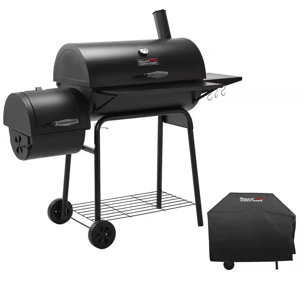 Charcoal Grill with Offset Smoker and Side Table in Black plus a Cover