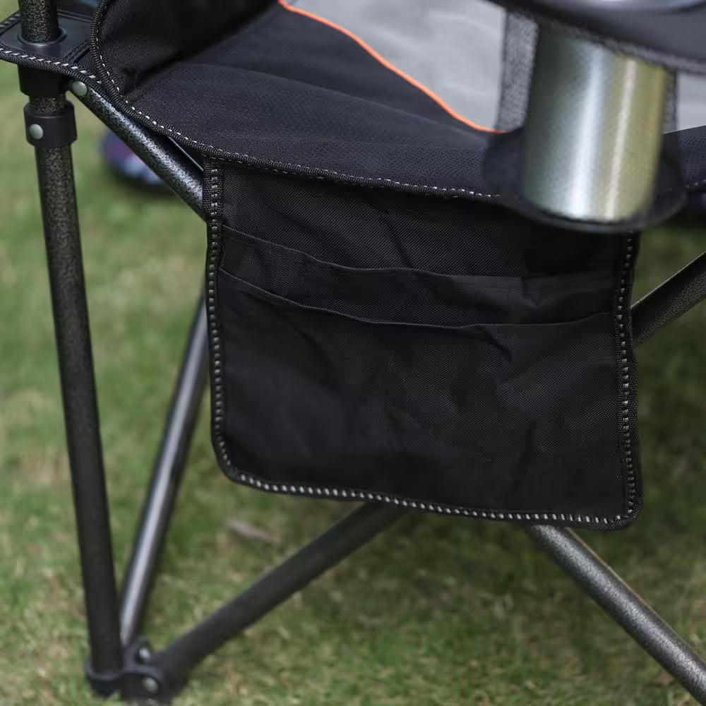 Oversized Folding Camping Chair with Cooler Bag Deluxe Black Chair Heavy-Duty