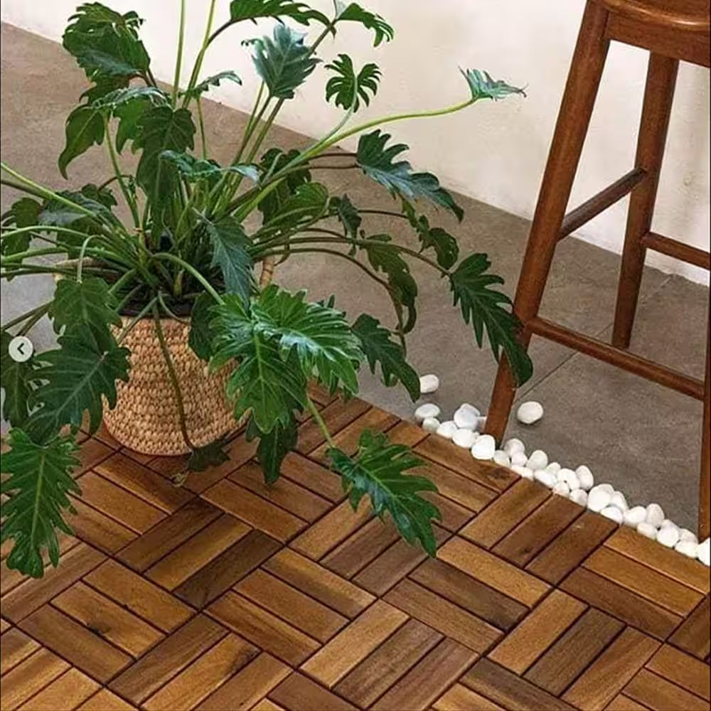 12 In. X 12 In. Acacia Wood Interlocking Flooring Deck Tile Checker Pattern Brown 12-Slats,10-Pieces Covering 10 Sq. Ft.