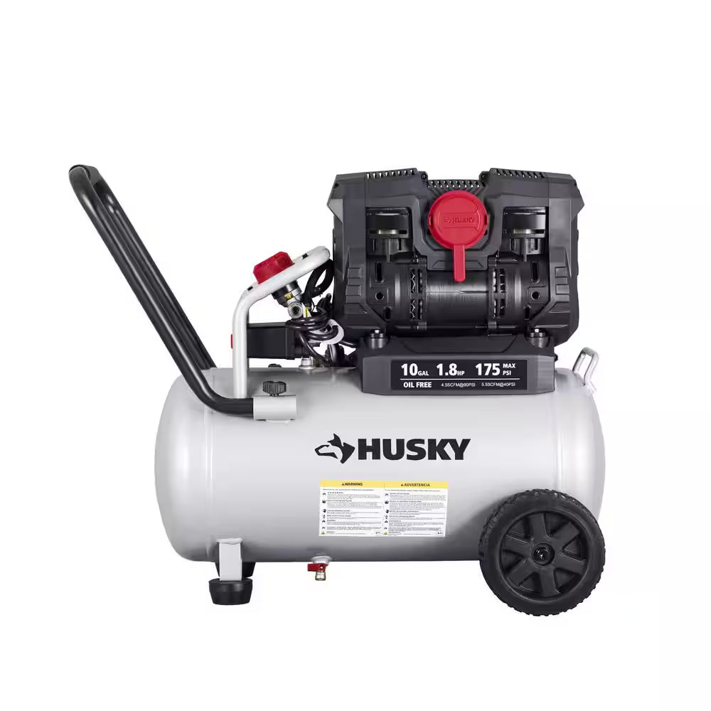 10 Gal. 175 PSI Electric Oil-Free Quiet Auto/Workshop Hotdog Air Compressor with Dual Gauges and 1-Quick Coupler