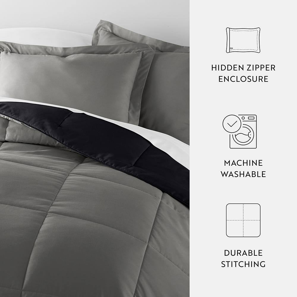 Black and Fog Microfiber down Alternative Full/Queen Reversible Comforter Set