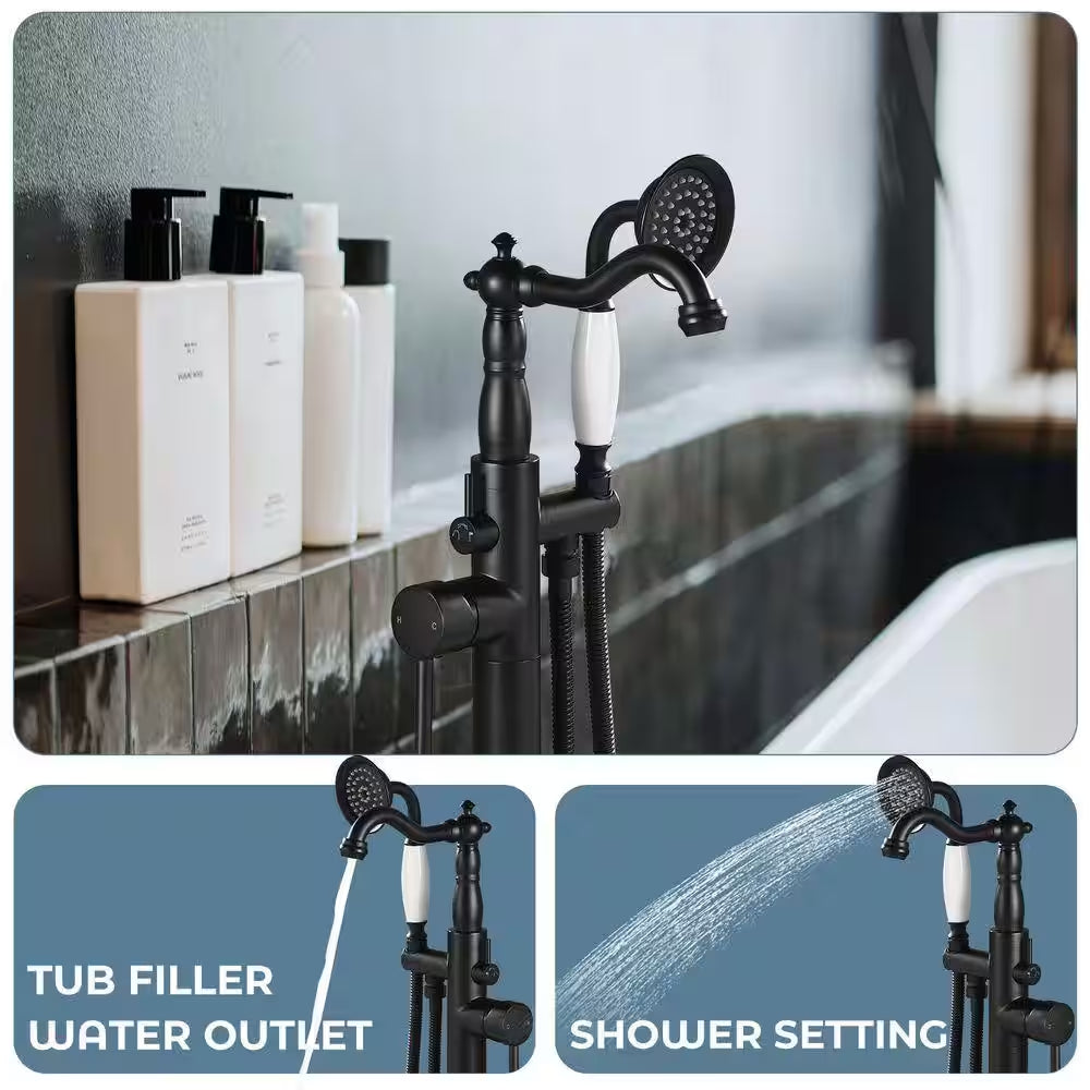 Single-Handle Floor-Mount Roman Tub Faucet with Hand Shower in Matte Black