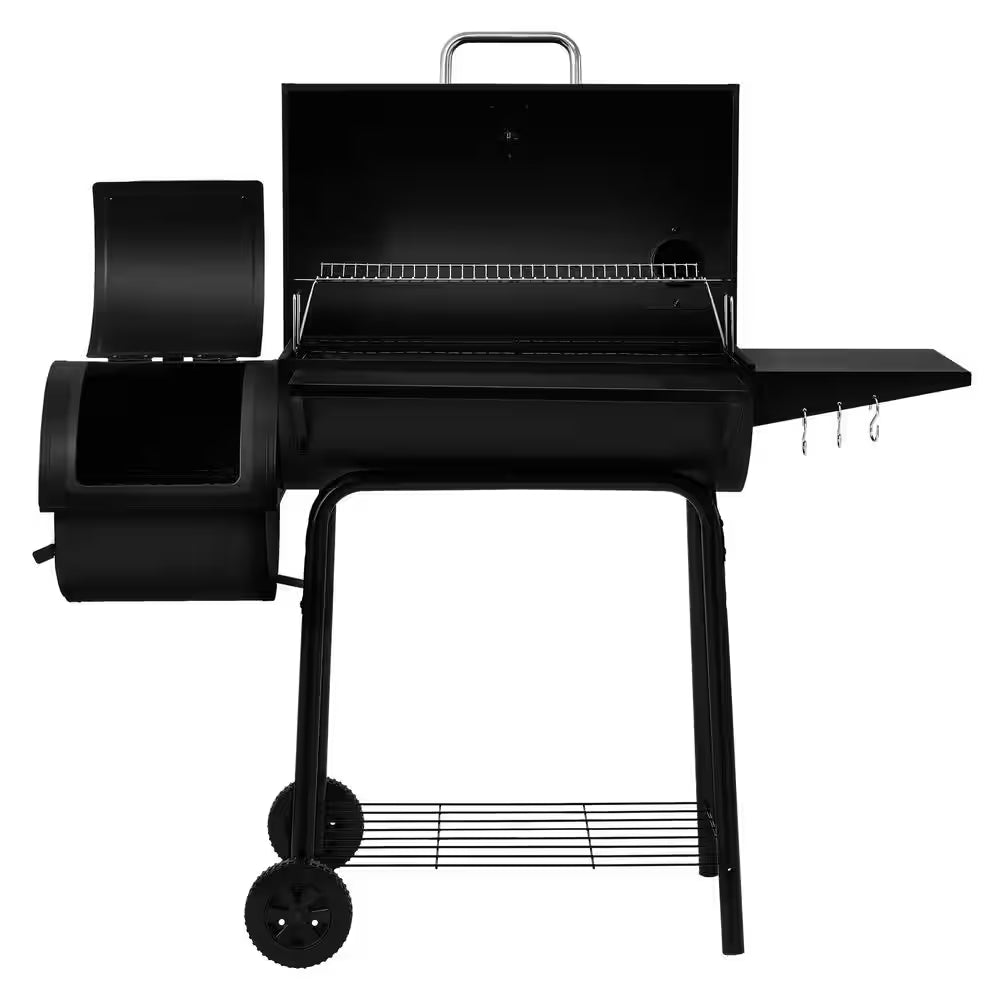Charcoal Grill in Black with Offset Smoker and Side Table
