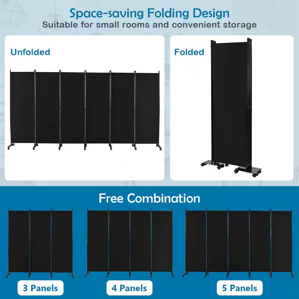 6-Panel Folding Room Divider 6 Ft. Rolling Privacy Screen with Lockable Wheels Black